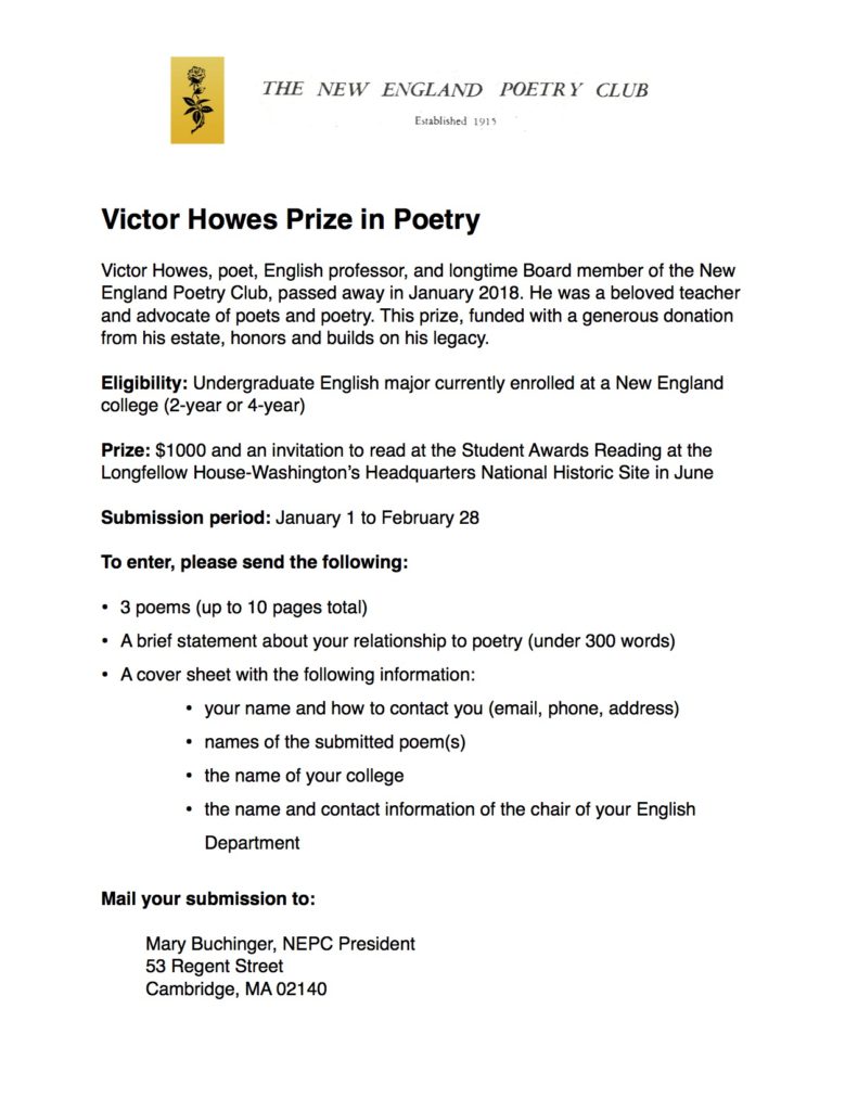 Poetry contest details for the Victor Howes Prize in Poetry