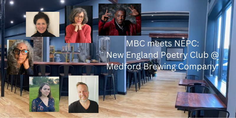 Interior view of Medford Brewing Company, with photographs of Regie Gibson, Julia Lisella, Marlena Merrin, Vajaya Sundaram, Letitcia Priebe Rocha, and Max Heinegg.