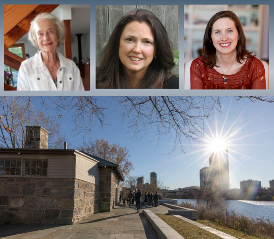 Karen Klein, Linda Flaherty Haltmeier, and Sara Letourneau, with image of Audubon Nature Center exterior